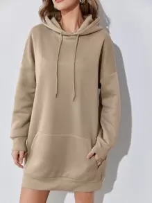 SHEIN Essnce Kangaroo Pocket Drop Shoulder Drawstring Hoodie Dress - Khaki - View 3