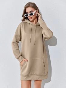 SHEIN Essnce Kangaroo Pocket Drop Shoulder Drawstring Hoodie Dress - Khaki - View 4