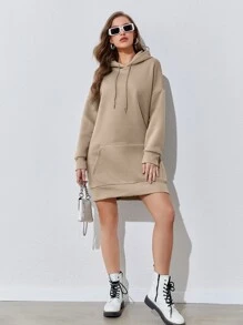 SHEIN Essnce Kangaroo Pocket Drop Shoulder Drawstring Hoodie Dress - Khaki - View 5