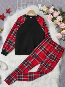 SHEIN 女孩蘇格蘭格紋插肩袖運動衫和緊身打底褲