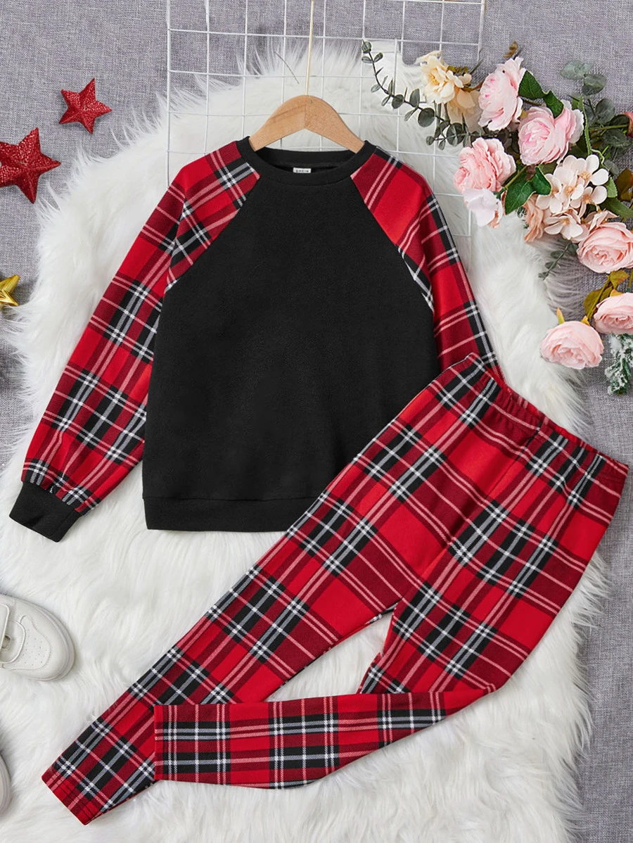 SHEIN 女孩蘇格蘭格紋插肩袖運動衫和緊身打底褲