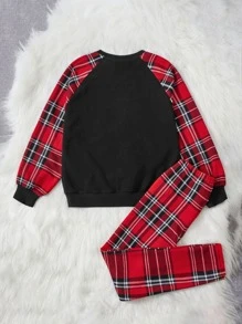 SHEIN 女孩蘇格蘭格紋插肩袖運動衫和緊身打底褲