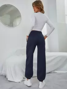 INAWLY Quần thể thao nữ Túi màu trơn - Màu xanh hải quân - Xem 2