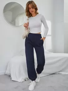 INAWLY Quần thể thao nữ Túi màu trơn - Màu xanh hải quân - Xem 4