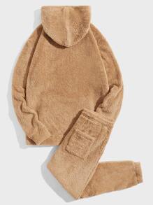 Manfinity RebelGame Men Letter Embroidery Teddy Hoodie & Drawstring Waist Pants - Khaki - View 2