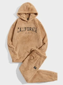 Manfinity RebelGame Men Letter Embroidery Teddy Hoodie & Drawstring Waist Pants - Khaki - View 3