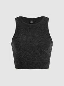 SHEIN MOD Áo hai dây Gân đan màu trơn Giải trí - màu đen - Xem 1