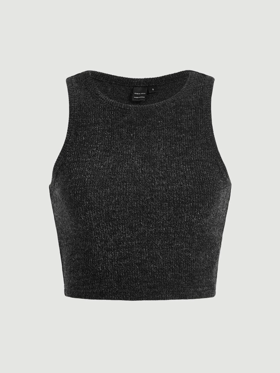 SHEIN MOD Áo hai dây Gân đan màu trơn Giải trí - màu đen - Xem 1