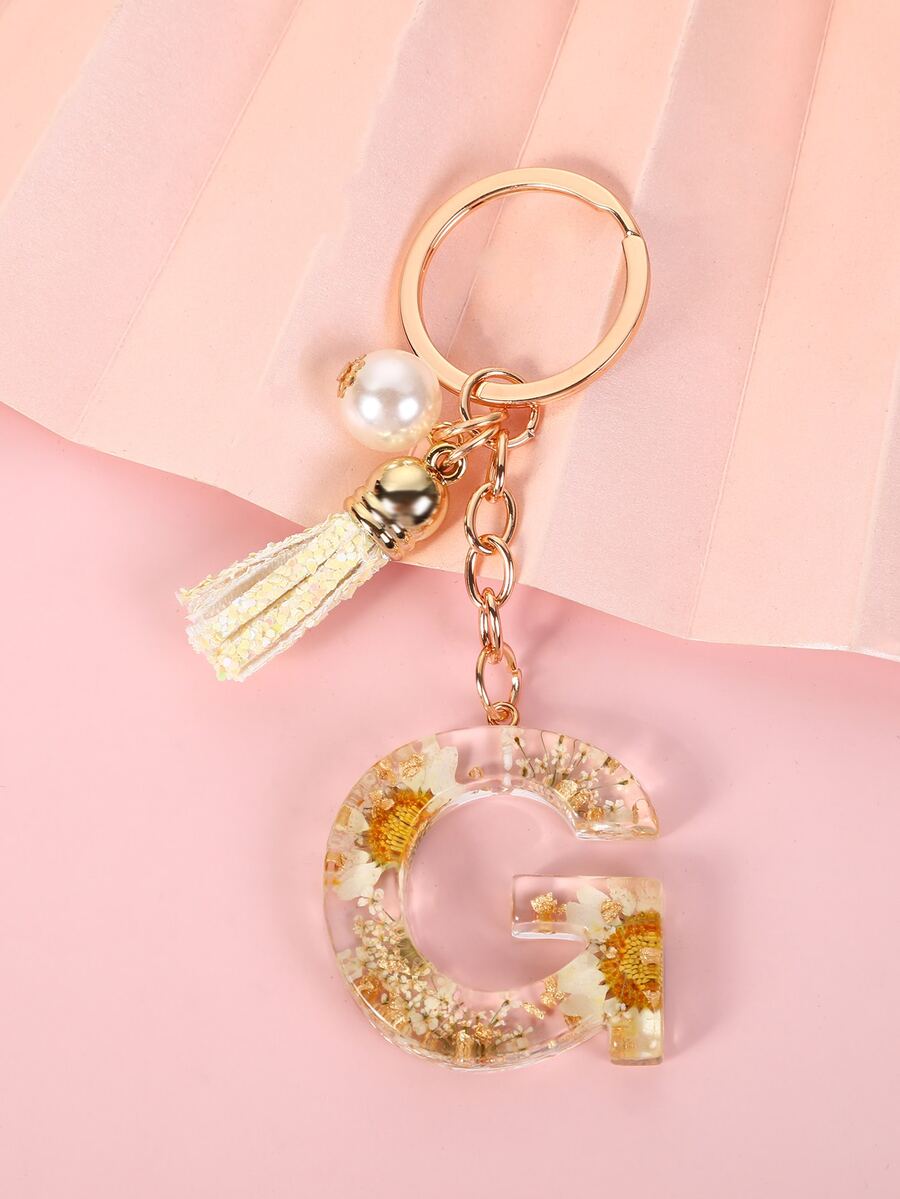 1pc Women's White Daisy Real Flower Crystal Gel & Dry Flower Letter Pendant With Tassel, Faux Pearl Bag Accessory Keychain - Multicolor - View 1