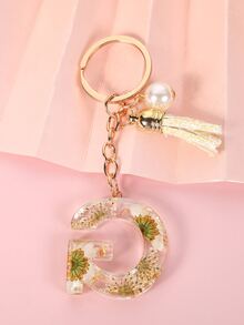 1pc Women's White Daisy Real Flower Crystal Gel & Dry Flower Letter Pendant With Tassel, Faux Pearl Bag Accessory Keychain - Multicolor - View 2