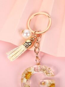 1pc Women's White Daisy Real Flower Crystal Gel & Dry Flower Letter Pendant With Tassel, Faux Pearl Bag Accessory Keychain - Multicolor - View 3