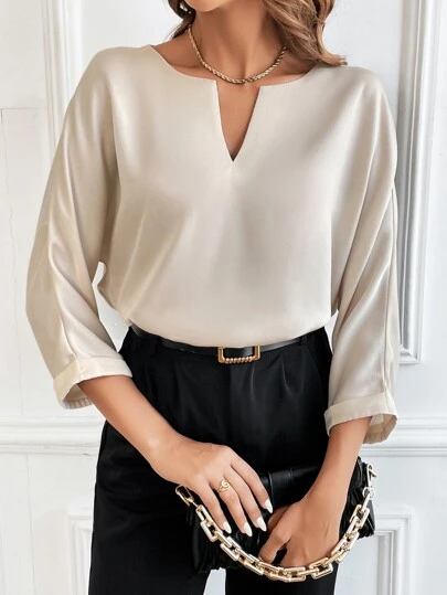 Breezaya Women's Casual Solid Color Versatile Notched Neck Blouse