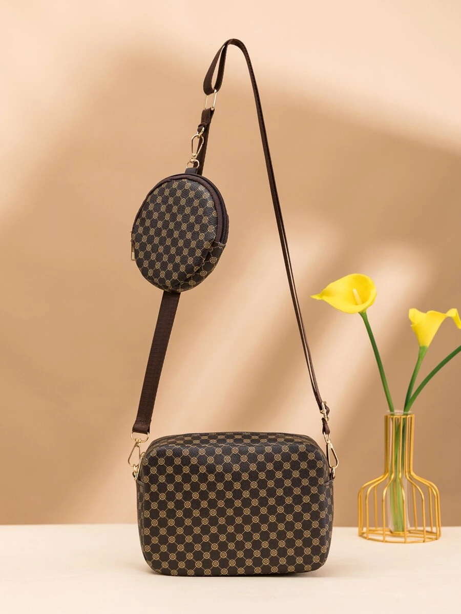 迷你幾何樣式方包帶零錢包 - 咖啡棕 - 查看 1