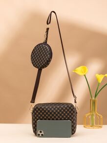 迷你幾何樣式方包帶零錢包 - 咖啡棕 - 查看 3