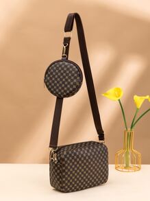 迷你幾何樣式方包帶零錢包 - 咖啡棕 - 查看 4