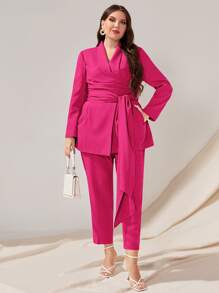 Modelyn Plus Shawl Collar Belted Blazer & Trousers - Hot Pink - View 1