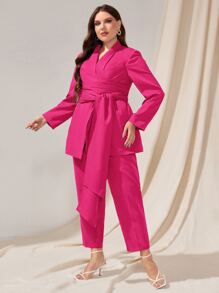 Modelyn Plus Shawl Collar Belted Blazer & Trousers - Hot Pink - View 3