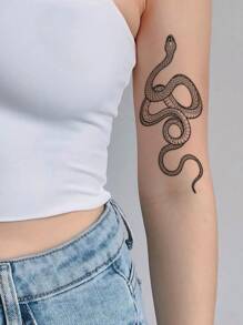 1 Unidad De Pegatina De Tatuaje Temporal Con Diseño De Serpiente De Malla Con Flores Pequeñas Para Brazo/cuerpo,tatuajes maquina para tatuar tatuajes falsos - Negro - Ver 1