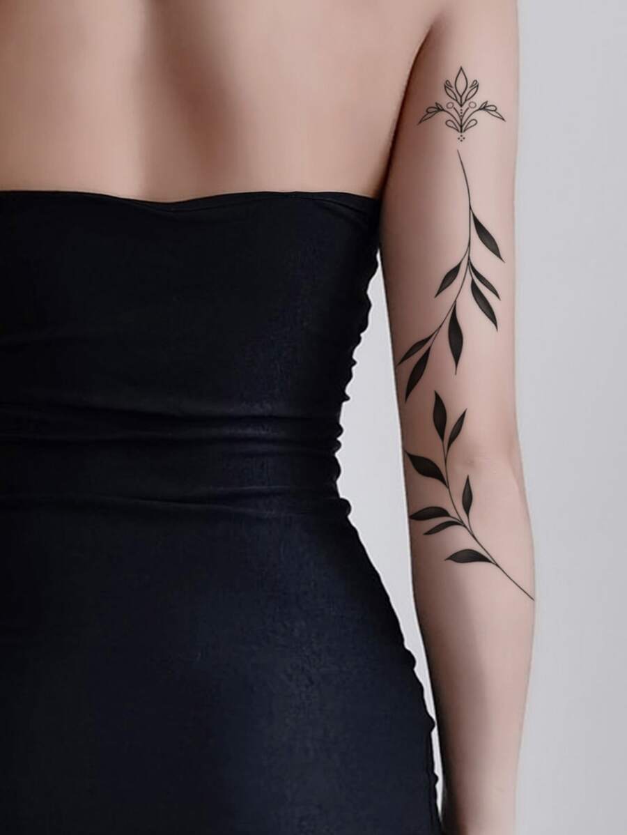 STARTTOOS 1pc Minimalist Leaf Pattern Temporary Tattoo Sticker For Wrist And Small Body Parts - Black - View 1