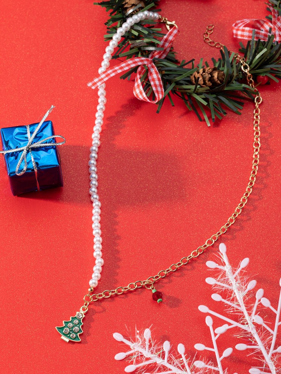 男士聖誕人造珍珠裝飾樹形墜飾項鍊