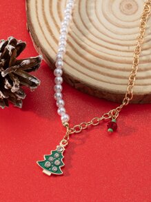 男士聖誕人造珍珠裝飾樹形墜飾項鍊