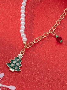 男士聖誕人造珍珠裝飾樹形墜飾項鍊