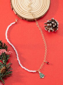 男士聖誕人造珍珠裝飾樹形墜飾項鍊