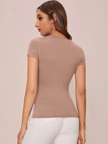 SHEIN Essnce Cap Sleeve Solid Tee - Khaki - View 2