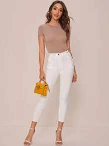 SHEIN Essnce Cap Sleeve Solid Tee - Khaki - View 5