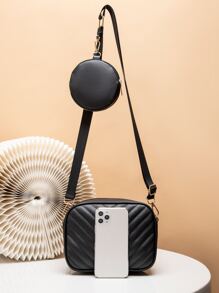 鋸齒紋絎縫方形包帶零錢包 - 黑色 - 查看 2