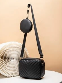 鋸齒紋絎縫方形包帶零錢包 - 黑色 - 查看 4