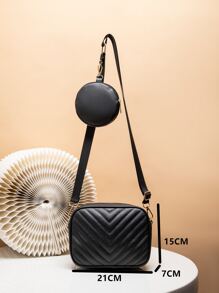 鋸齒紋絎縫方形包帶零錢包 - 黑色 - 查看 6