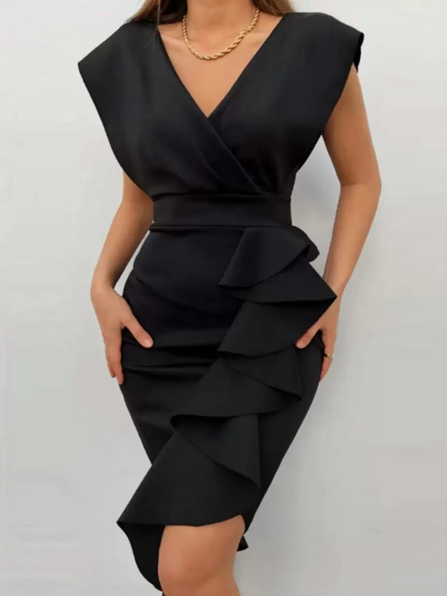 EURMUSE Surplice Neck Ruffle Trim Bodycon Dress - Black - View 1