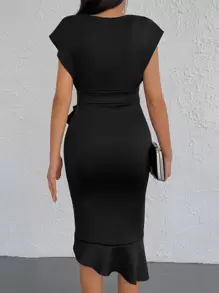 EURMUSE Surplice Neck Ruffle Trim Bodycon Dress - Black - View 2