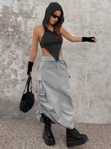 SHEIN ICON Asymmetrical Hem Hooded Halter Top - Black - View 5