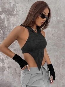 SHEIN ICON Asymmetrical Hem Hooded Halter Top - Black - View 6