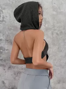 SHEIN ICON Asymmetrical Hem Hooded Halter Top - Black - View 1