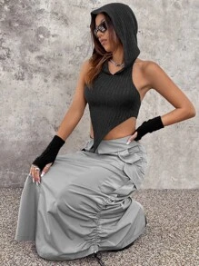 SHEIN ICON Asymmetrical Hem Hooded Halter Top - Black - View 7