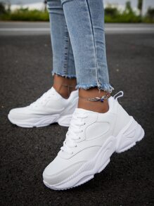 Women's White Road Running Sneakers, Simple Front Tie & Thick Sole Sports Shoes - White - View 1