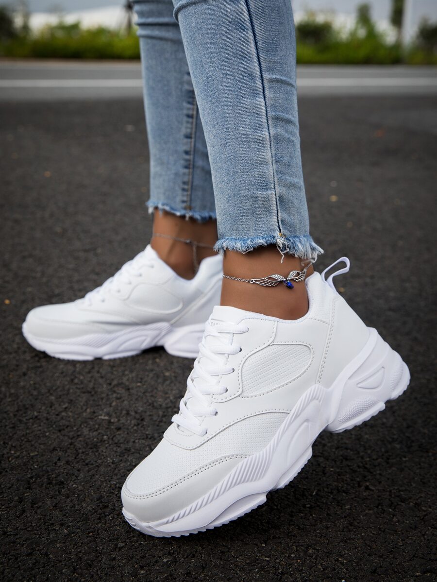 Women's White Road Running Sneakers, Simple Front Tie & Thick Sole Sports Shoes - White - View 1