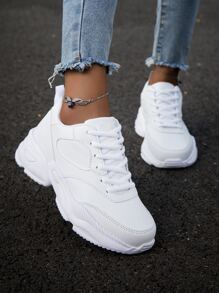 Women's White Road Running Sneakers, Simple Front Tie & Thick Sole Sports Shoes - White - View 2