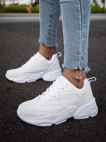 Women's White Road Running Sneakers, Simple Front Tie & Thick Sole Sports Shoes - White - View 3