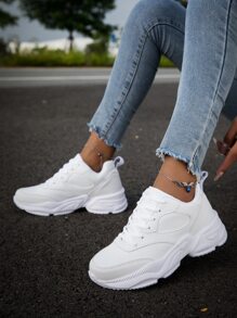 Women's White Road Running Sneakers, Simple Front Tie & Thick Sole Sports Shoes - White - View 4