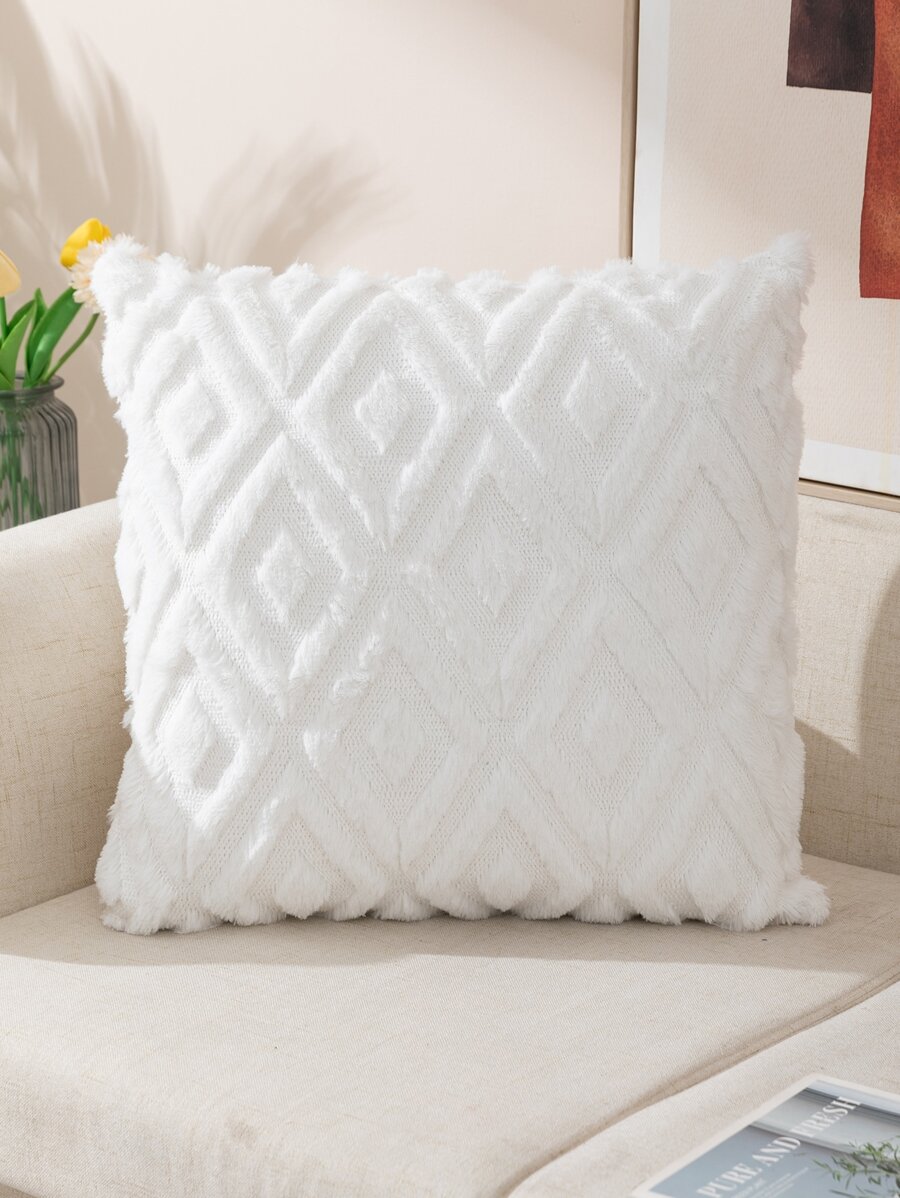 Geometric Pattern Fuzzy Cushion Cover Without Filler, White Throw Pillow Case, For Sofa, Living Room - White - View 1