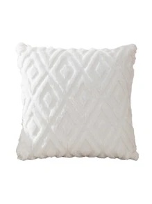 Geometric Pattern Fuzzy Cushion Cover Without Filler, White Throw Pillow Case, For Sofa, Living Room - White - View 3