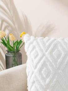 Geometric Pattern Fuzzy Cushion Cover Without Filler, White Throw Pillow Case, For Sofa, Living Room - White - View 4