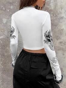 SHEIN ICON 花卉圖案和愛心圖案短款T恤 - 白色 - 查看 4