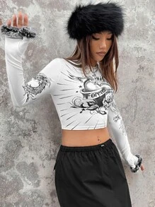 SHEIN ICON 花卉圖案和愛心圖案短款T恤 - 白色 - 查看 6
