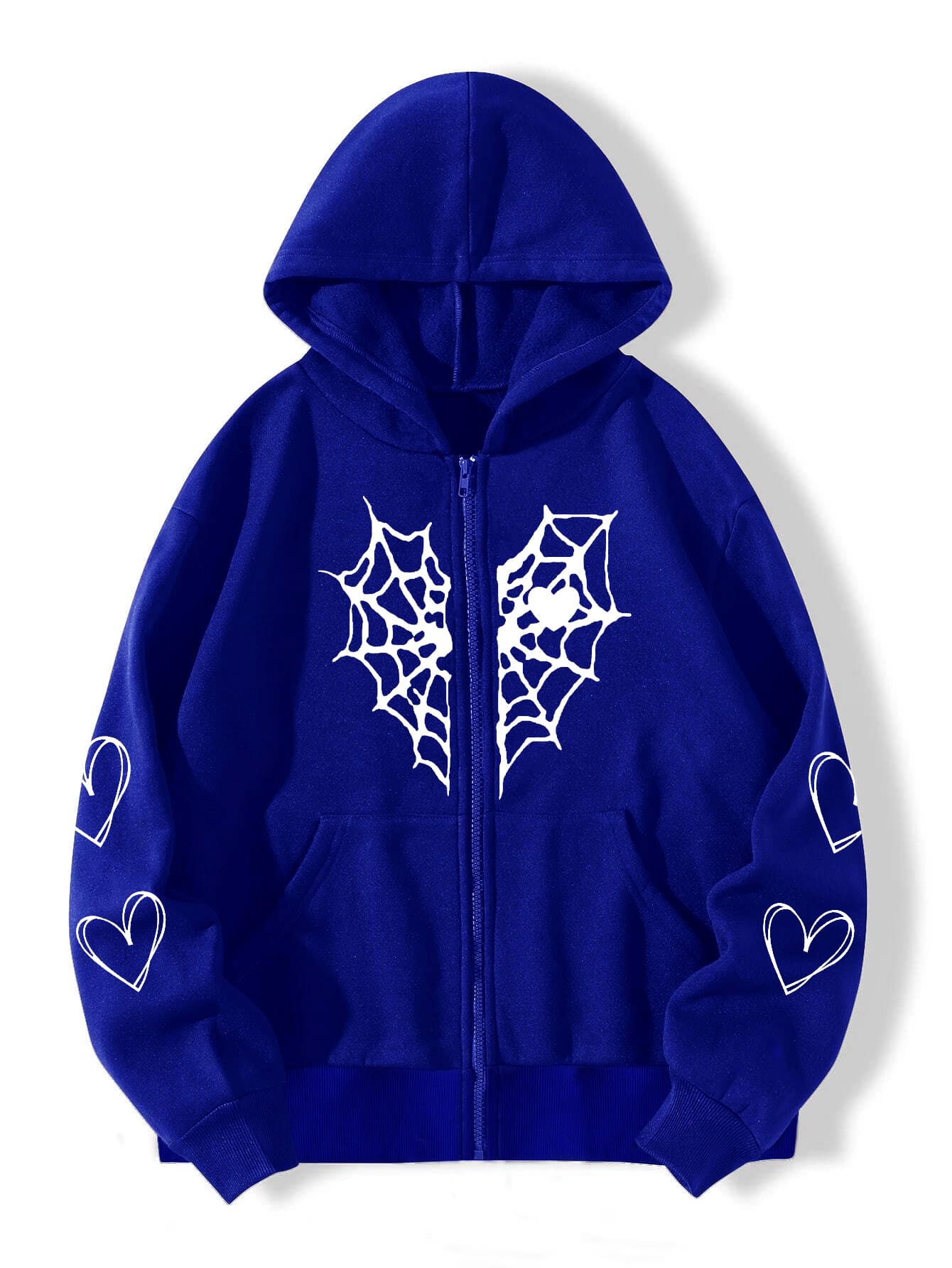 SHEIN Unity Spider Web & Heart Print Zipper Thermal Hoodie - Royal Blue - View 1