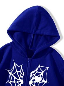 SHEIN Unity Spider Web & Heart Print Zipper Thermal Hoodie - Royal Blue - View 3